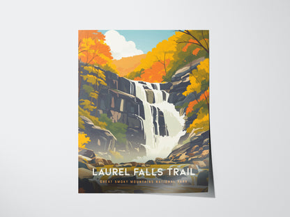 A vibrant poster of Laurel Falls Trail depicts a cascading waterfall surrounded by autumn foliage in the Great Smoky Mountains National Park, with text at the bottom.