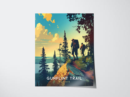 Illustrated poster of two hikers on a rocky trail, surrounded by trees, with a scenic view of the sky and horizon. Text reads Gunflint Trail Minnesota.