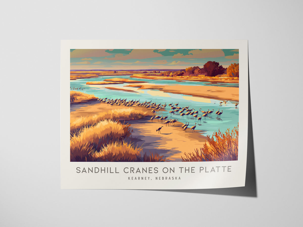 Sandhill Cranes on the Platte Landscape Matte Border Poster | Kearney, Nebraska Framed or Unframed Travel Gift — giclée print