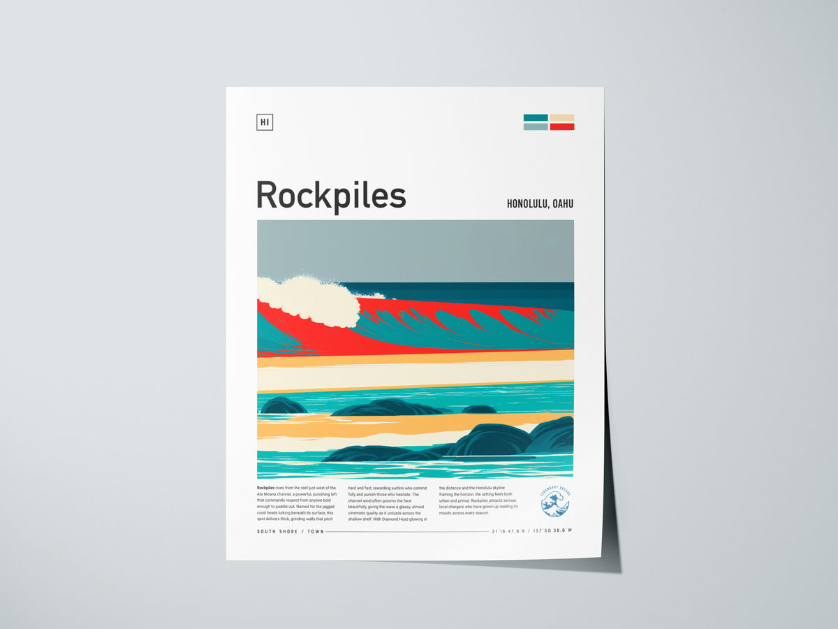 Rockpiles, Hawaii Poster | Golden Hour North Shore Surf Wall Art — giclée print detail on matte paper