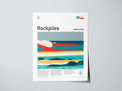 Rockpiles, Hawaii Poster | Golden Hour North Shore Surf Wall Art — giclée print detail on matte paper