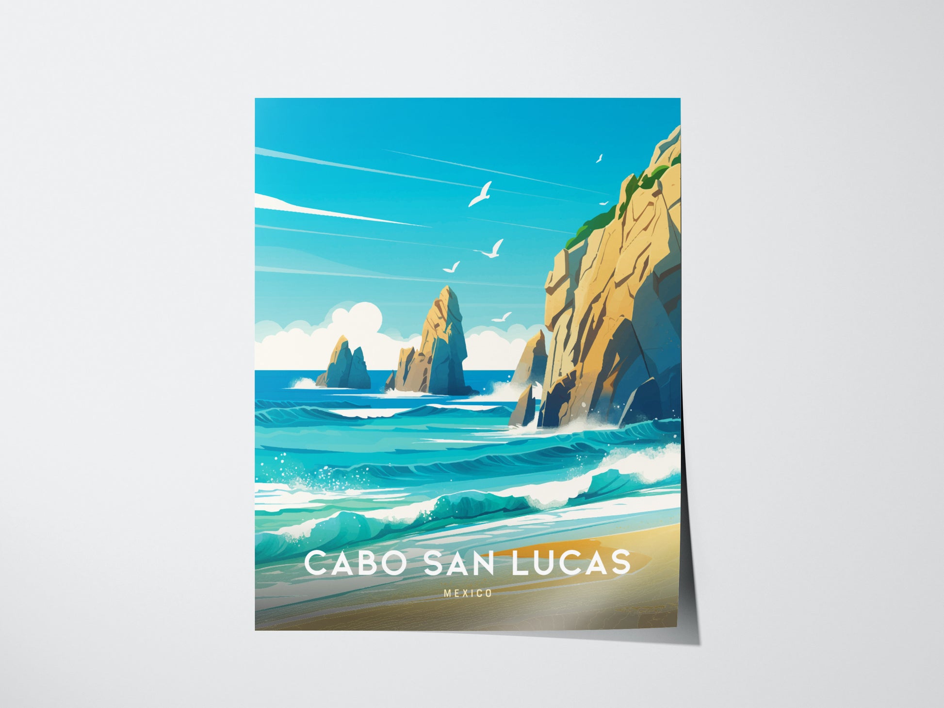 A vibrant illustration of Cabo San Lucas features the iconic Arch at Land’s End, turquoise waves, and golden cliffs under a bright blue sky with seagulls.