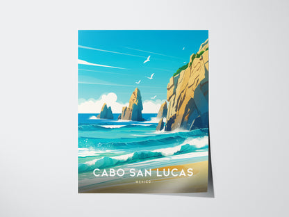 A vibrant illustration of Cabo San Lucas features the iconic Arch at Land’s End, turquoise waves, and golden cliffs under a bright blue sky with seagulls.