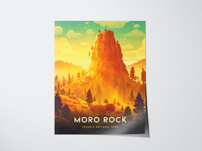 Vibrant poster of Moro Rock depicts a towering granite dome surrounded by sunlit forests, under a colorful sky. The words Moro Rock, Sequoia National Park are displayed below.