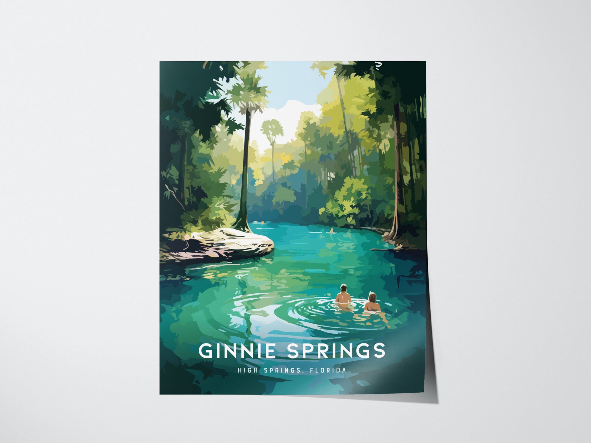 Illustrated poster of Ginnie Springs, Florida, showing two people wading in turquoise water surrounded by lush green foliage and tall trees. Text reads Ginnie Springs, High Springs, Florida.