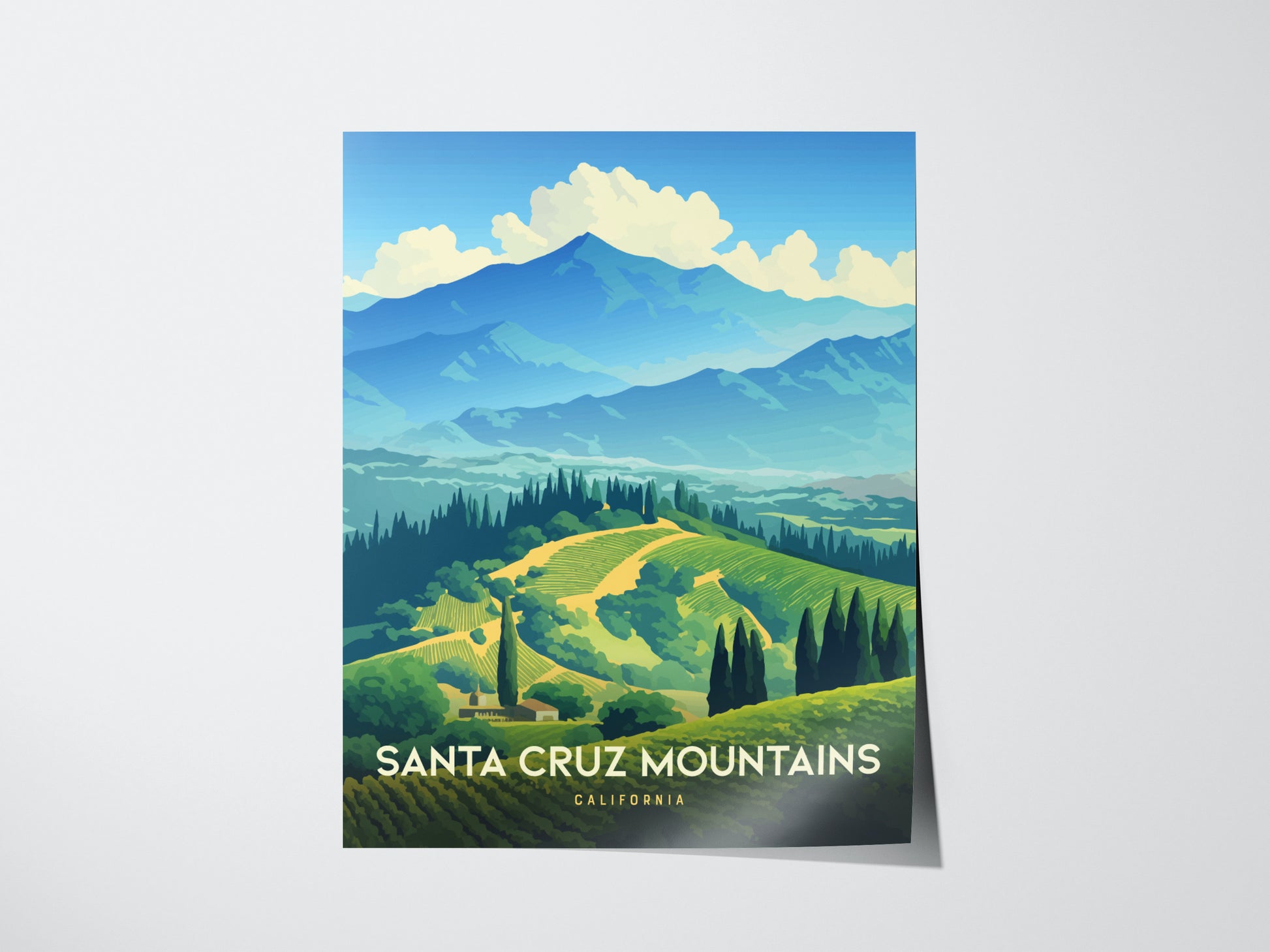 Illustrated poster of the Santa Cruz Mountains featuring rolling vineyards and lush greenery beneath towering coastal peaks, with the title Santa Cruz Mountains, California at the bottom.