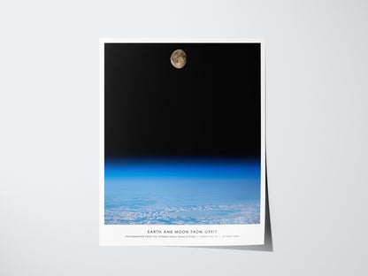 Earth and Moon Orbit NASA poster showing the Moon rising above Earth's blue horizon from orbit
