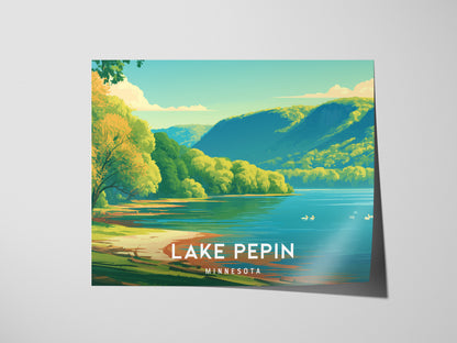 Lake Pepin, Minnesota Landscape Poster | Scenic Bluffs & Sailboats Vacation Wall Art — giclée print detail on matte paper