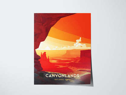 A vibrant illustration of Canyonlands National Park features red rock formations and a bright orange sky, capturing the essence of Utahs desert landscape. The words Canyonlands National Park are visible.