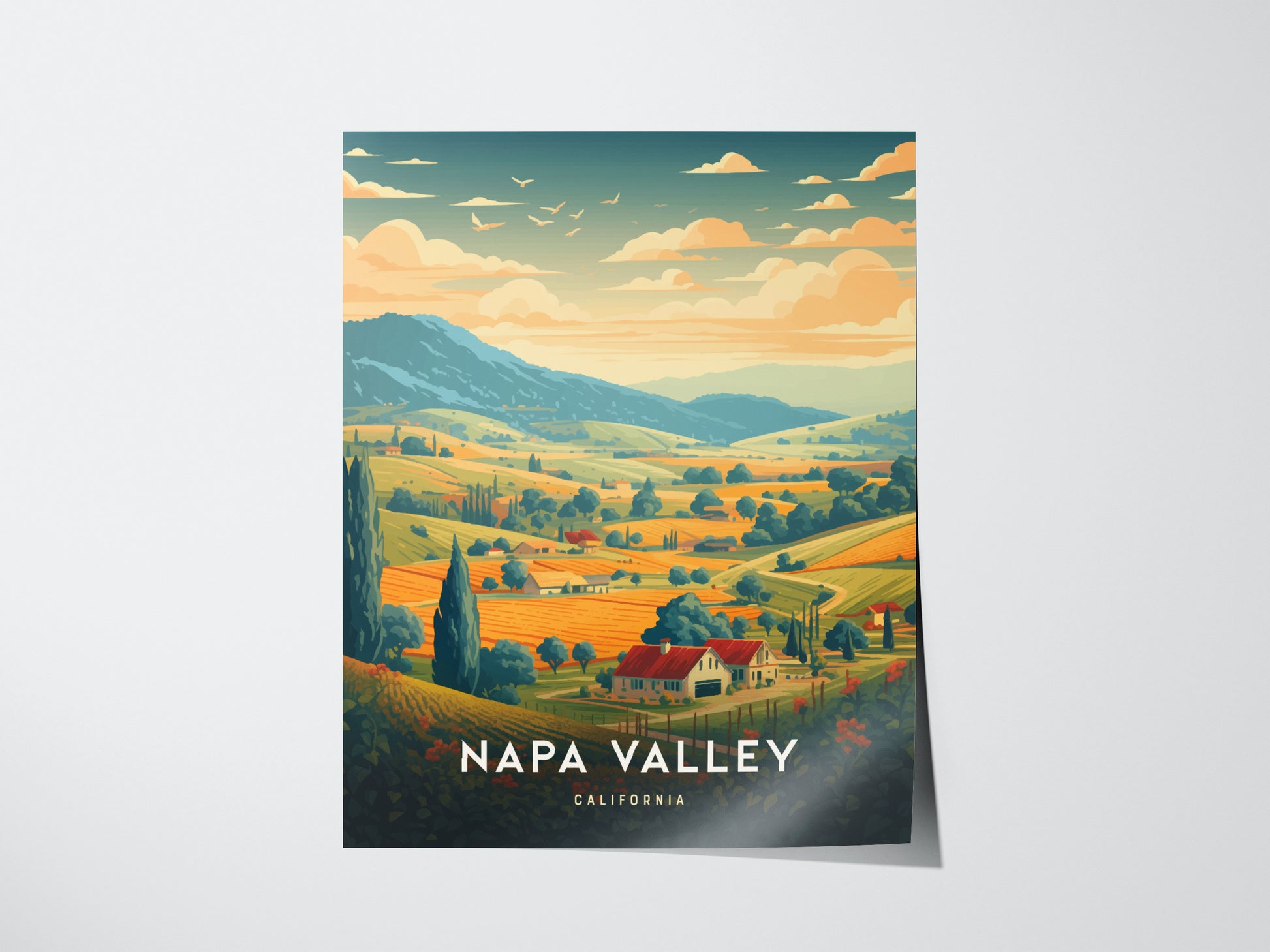 Illustrated Napa Valley poster featuring rolling vineyards, tree-lined hills, and a quaint farmhouse under a vibrant sky. Text reads Napa Valley, California at the bottom.