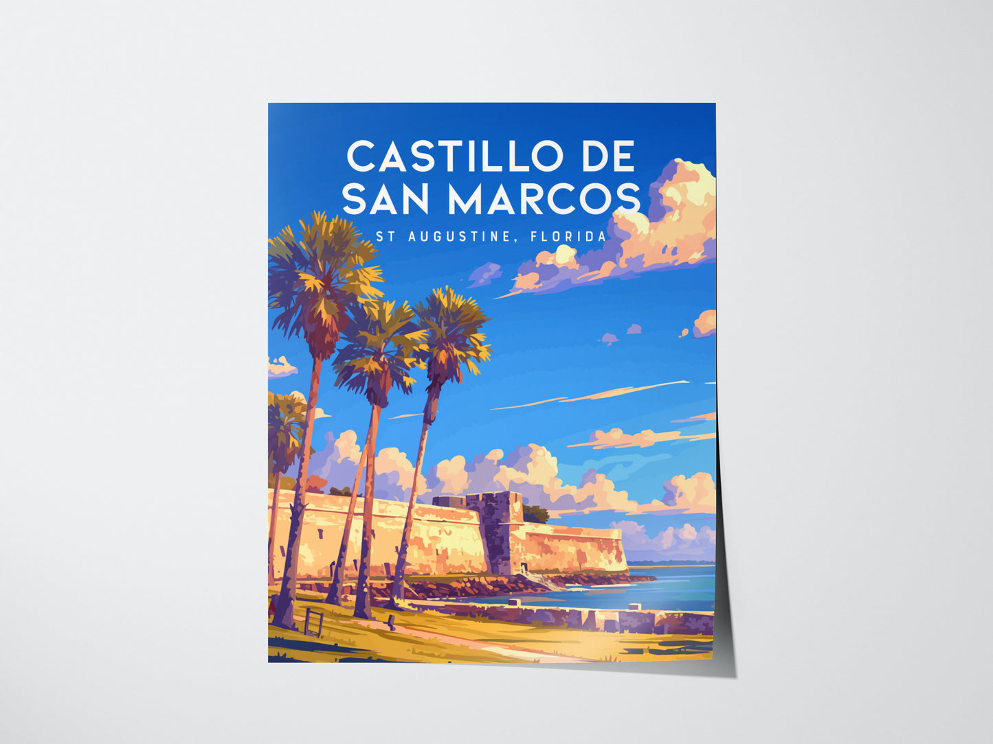 A vibrant poster of Castillo de San Marcos in St. Augustine, Florida, showcasing the historic fortress with palm trees and a bright blue sky with scattered clouds.
