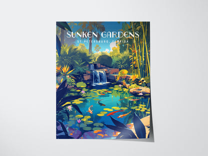 Illustrated poster of Sunken Gardens, St. Petersburg, Florida, featuring a vibrant koi pond with lush tropical plants and a small waterfall, creating a serene and colorful scene.