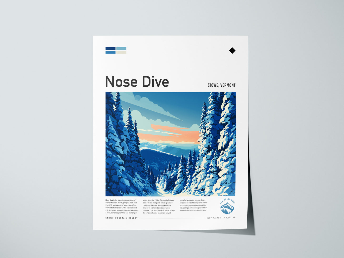 Nose Dive, Stowe, Vermont Poster | Bold Ski Run Mountain Wall Art — giclée print detail on matte paper