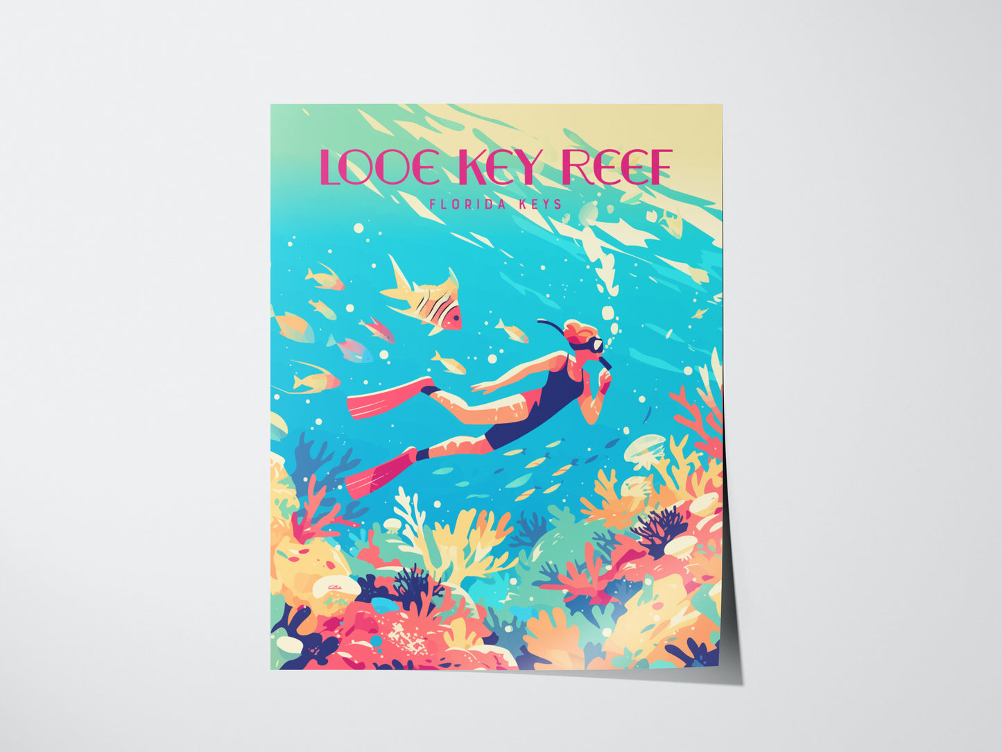A vibrant illustration of a snorkeler exploring the colorful Looe Key Reef, surrounded by tropical fish and coral. The text Looe Key Reef Florida Keys is displayed at the top.