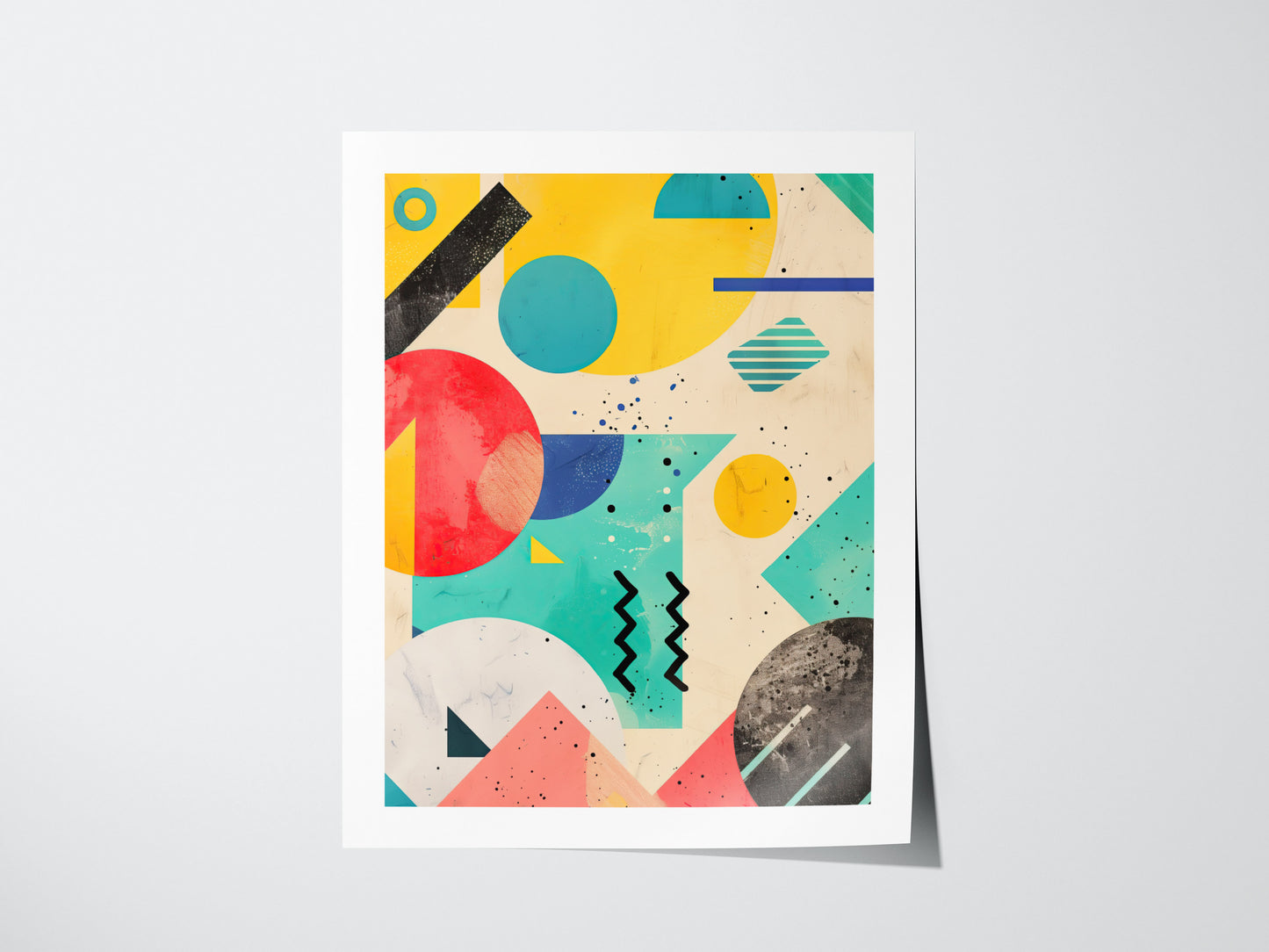 A vibrant abstract poster with bold geometric shapes in red, yellow, turquoise, and black against a beige background. Various circles, triangles, and lines create a dynamic 90s retro design.