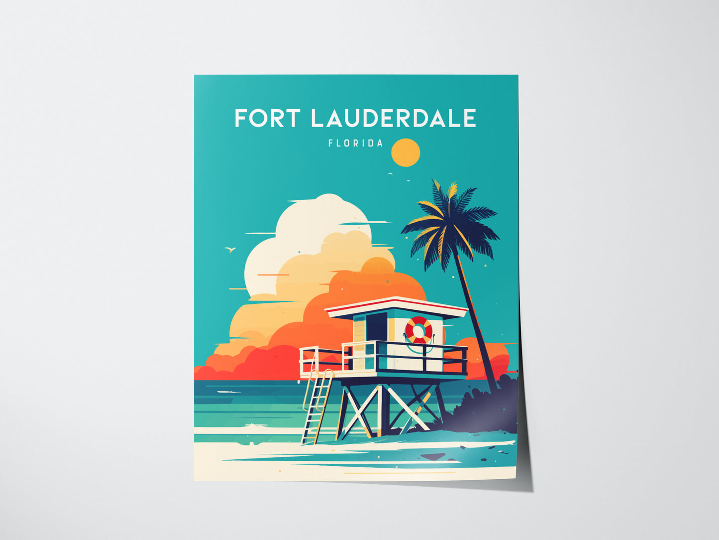 A vibrant Fort Lauderdale poster features a lifeguard stand and a coconut palm under a sunny sky, with turquoise waves lapping the shore. The design is colorful and inviting.