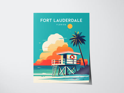 A vibrant Fort Lauderdale poster features a lifeguard stand and a coconut palm under a sunny sky, with turquoise waves lapping the shore. The design is colorful and inviting.