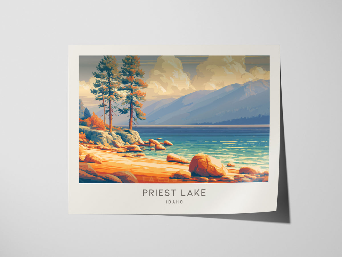 Priest Lake Landscape Matte Border Poster | Idaho Travel Gift Beach House Decor — giclée print detail on matte paper