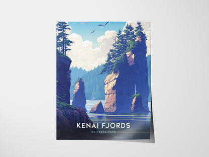 Illustrated poster of Kenai Fjords National Park features towering rock formations, lush pine trees, and a serene ocean backdrop under a cloudy sky. Birds soar above the tranquil scene.
