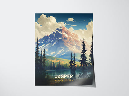 A poster depicting Jasper National Park with a majestic mountain under a blue sky, surrounded by evergreen trees and a serene lake. The text reads Jasper National Park.