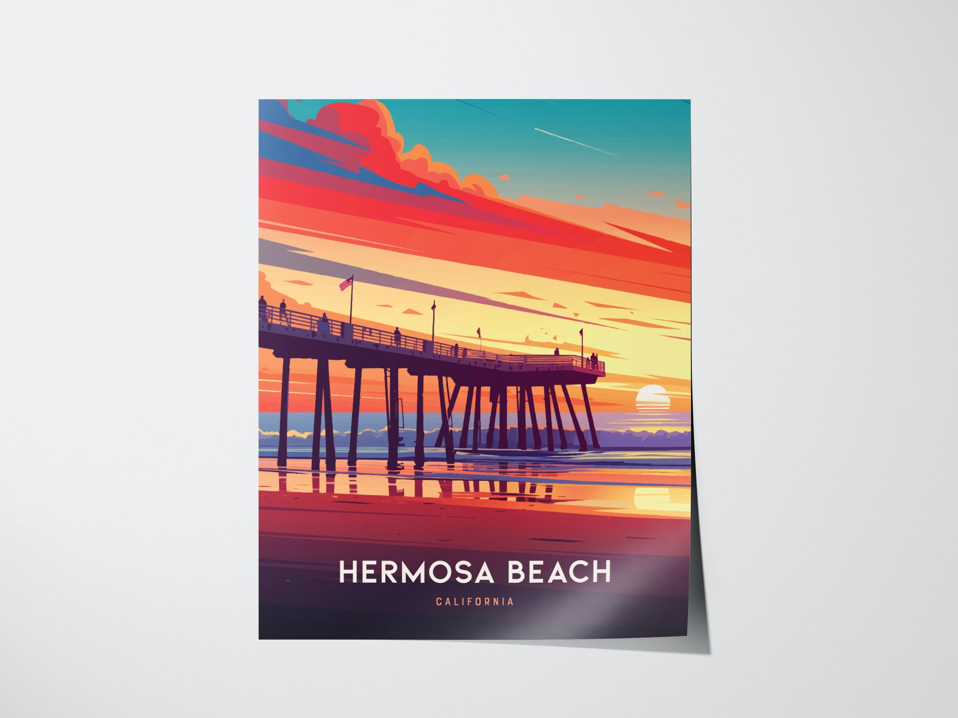A vibrant poster depicts Hermosa Beach Pier at sunset, with vivid orange, pink, and blue hues in the sky and a calm ocean reflection below.