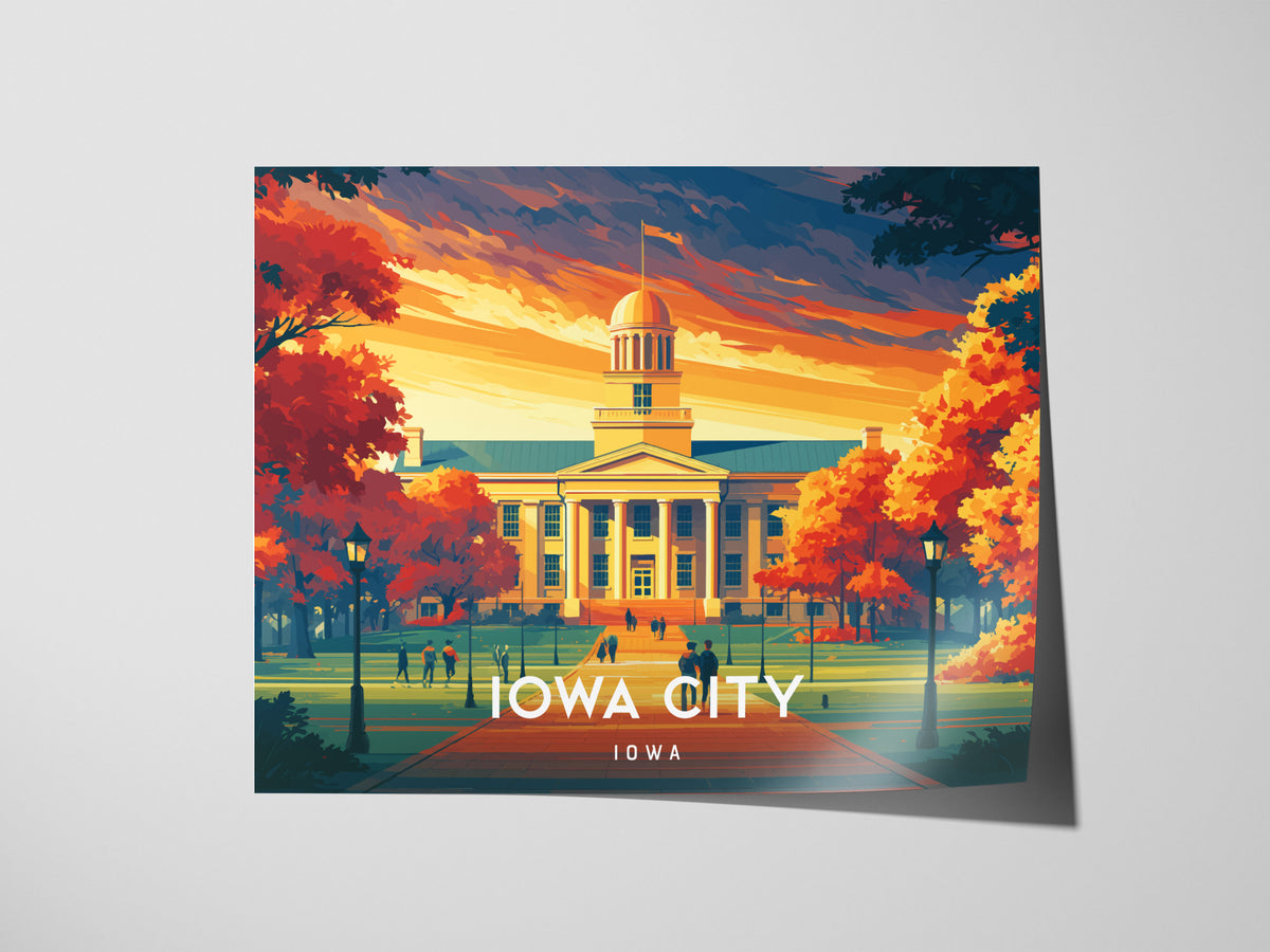 Iowa City, Iowa Landscape Poster | Midwest College Town Vacation Wall Art — giclée print detail on matte paper