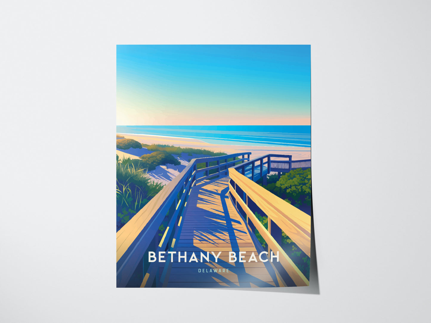 Illustrated poster of Bethany Beach, Delaware, featuring a wooden boardwalk leading to sandy dunes and the ocean. The sky displays a gradient of warm.
