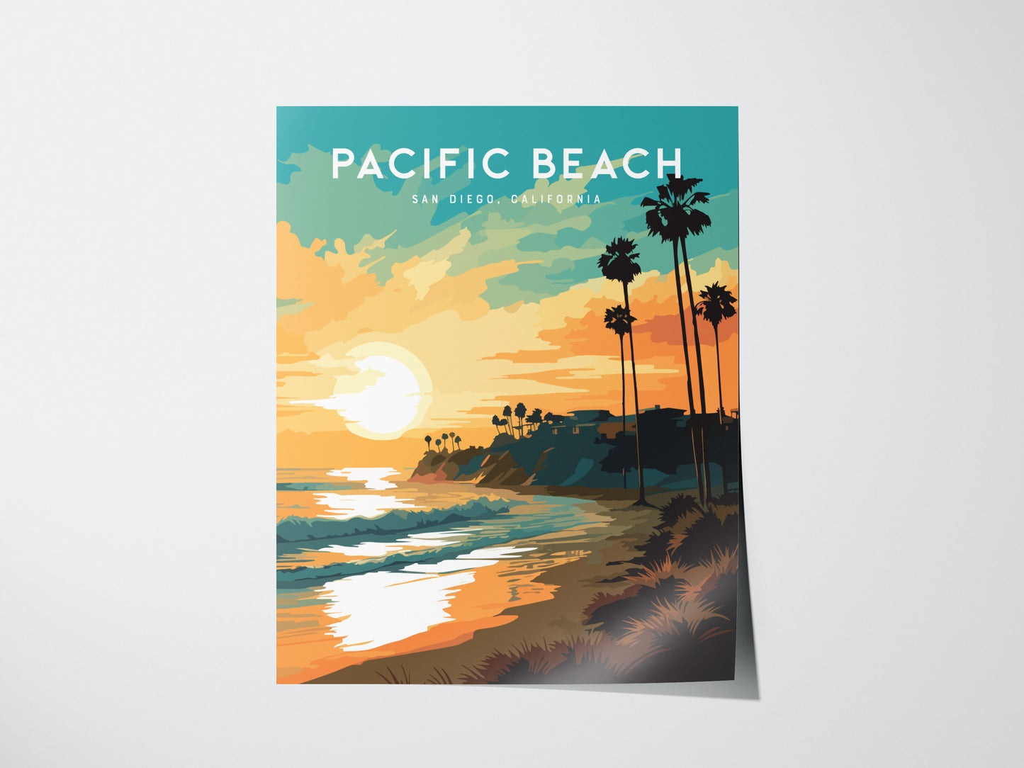 A vibrant poster of Pacific Beach, San Diego, depicting a sunset over the ocean with palm trees silhouetted against an orange and teal sky. The artwork captures the serene coastal atmosphere.