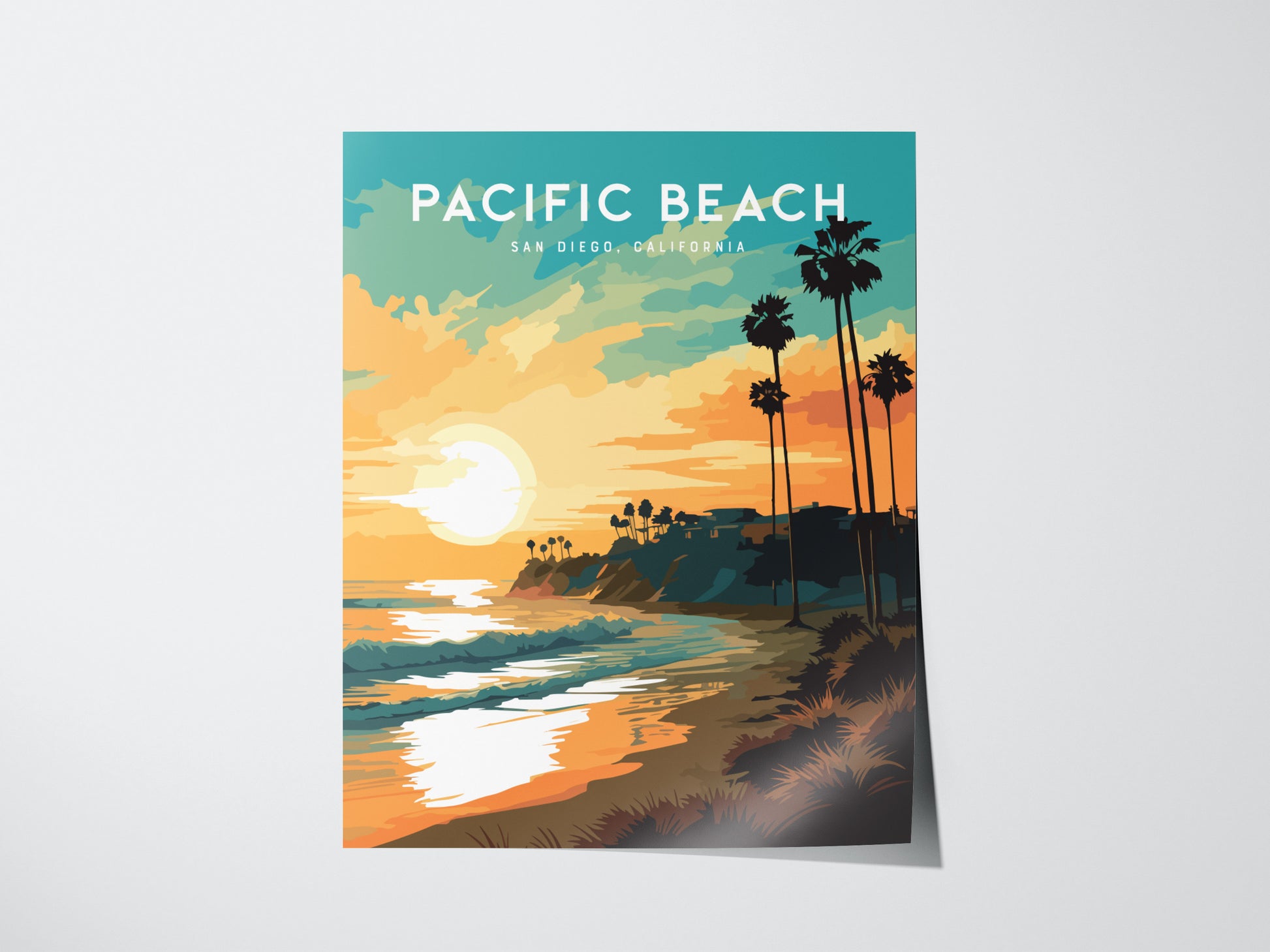 A vibrant poster of Pacific Beach, San Diego, depicting a sunset over the ocean with palm trees silhouetted against an orange and teal sky. The artwork captures the serene coastal atmosphere.