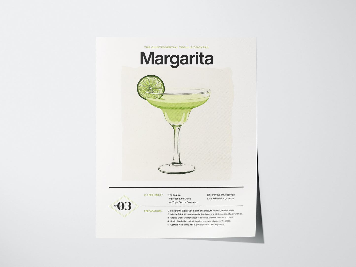 Illustrated margarita cocktail poster featuring a lime-garnished glass on a white background. Includes ingredients and preparation instructions.