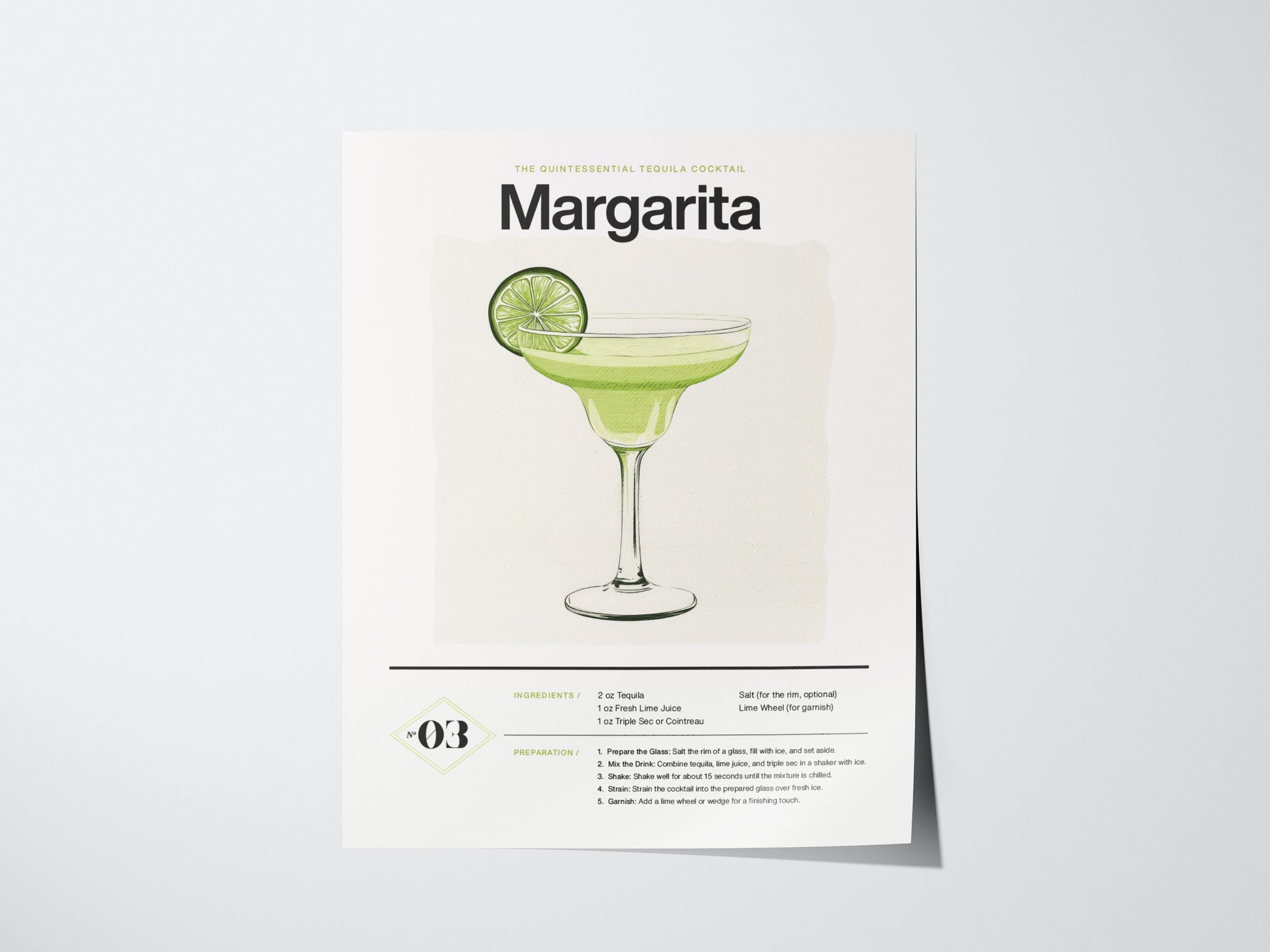 Illustrated margarita cocktail poster featuring a lime-garnished glass on a white background. Includes ingredients and preparation instructions.