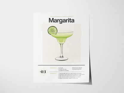 Illustrated margarita cocktail poster featuring a lime-garnished glass on a white background. Includes ingredients and preparation instructions.