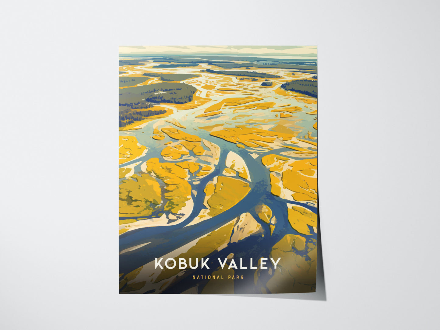 A vibrant poster of Kobuk Valley National Park featuring abstracted sand dunes and winding rivers in yellow and blue hues, with text at the bottom.