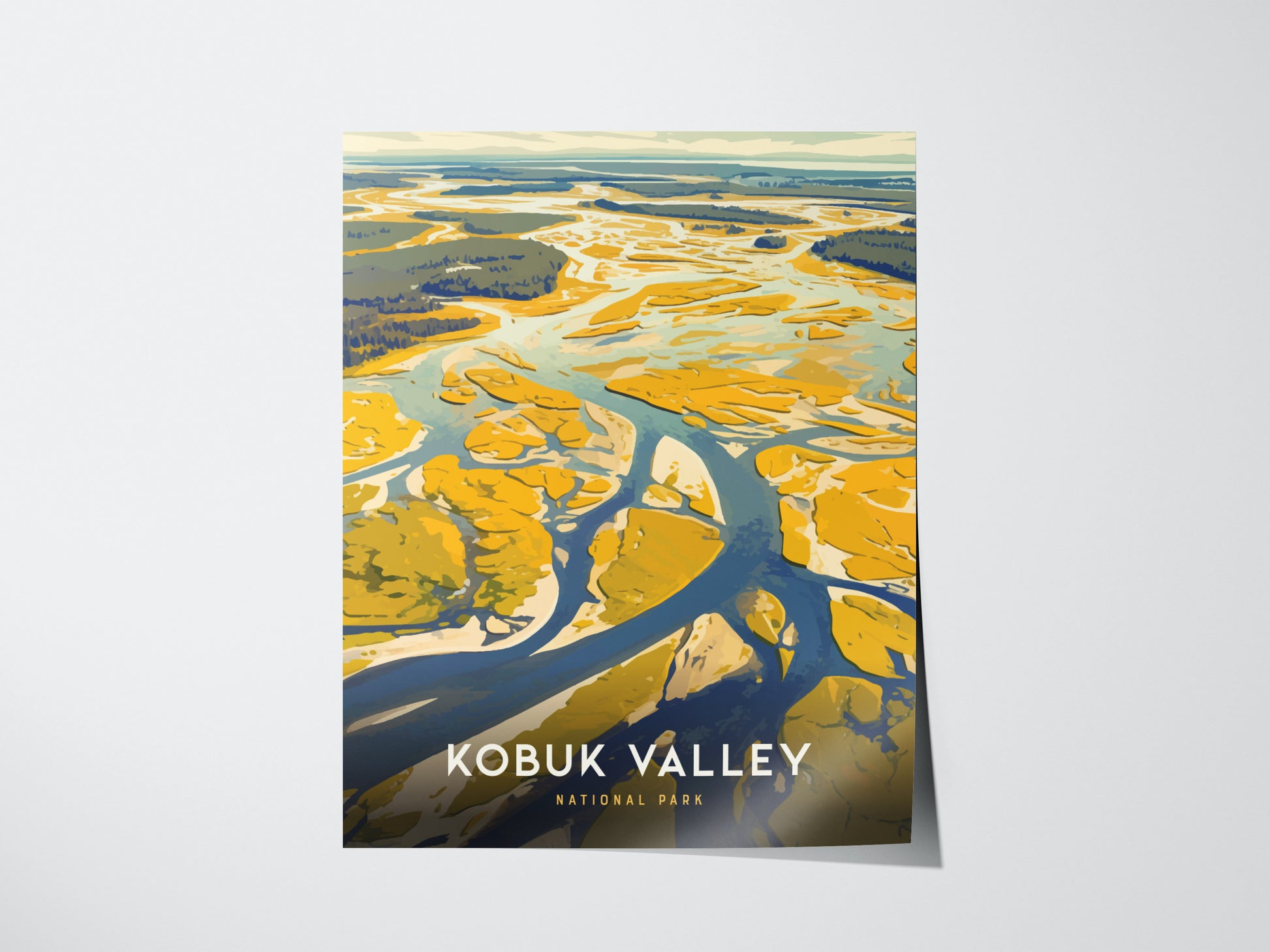 A vibrant poster of Kobuk Valley National Park featuring abstracted sand dunes and winding rivers in yellow and blue hues, with text at the bottom.
