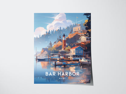 A vibrant illustration of Bar Harbor, Maine, featuring colorful coastal homes, boats docked along the shoreline, and a lighthouse under a dramatic sky with fluffy clouds.