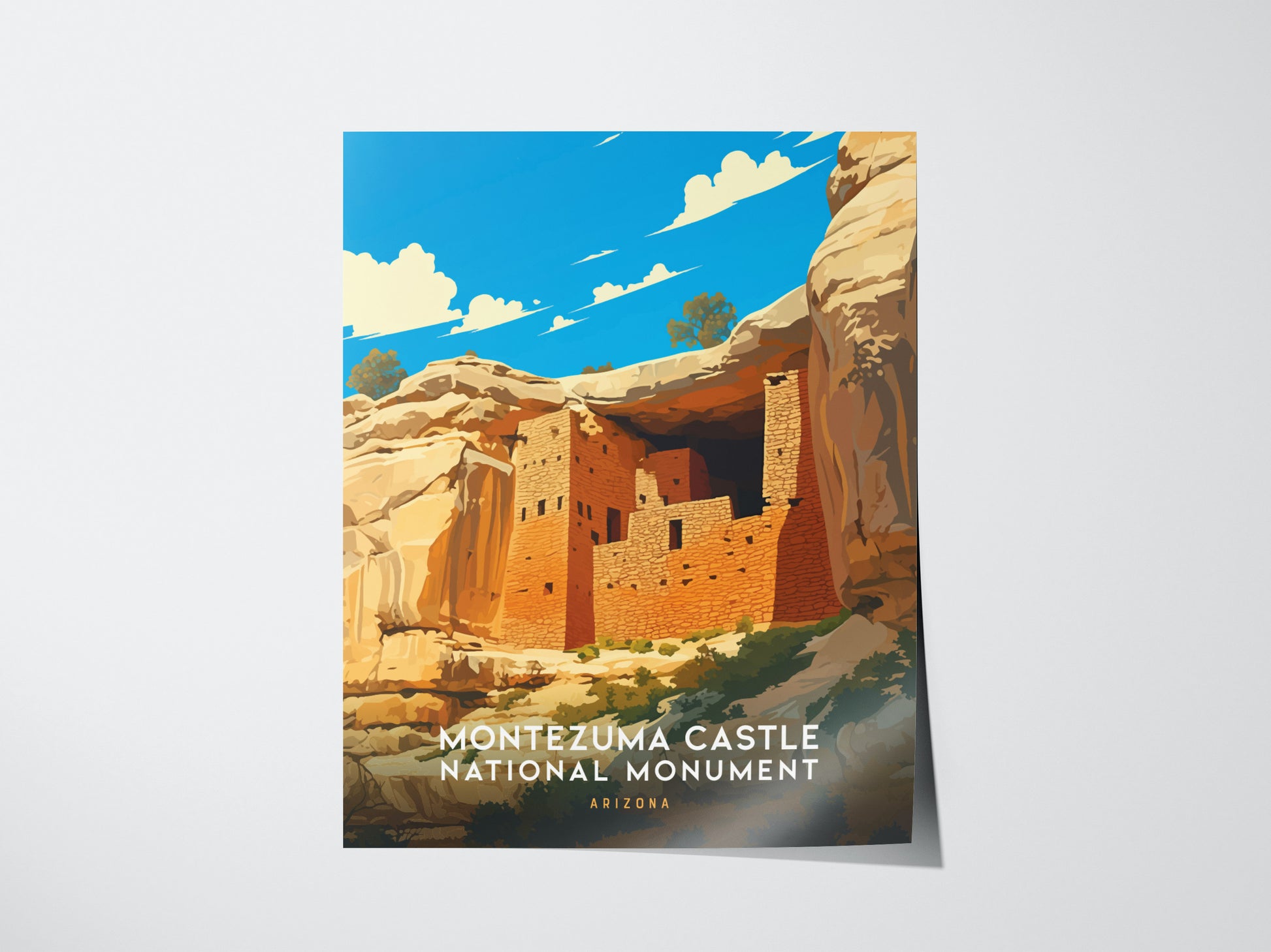 Illustrated poster of Montezuma Castle National Monument, featuring a cliff dwelling amidst rocky terrain and a vibrant blue sky. Text at the bottom reads Montezuma Castle National Monument, Arizona.