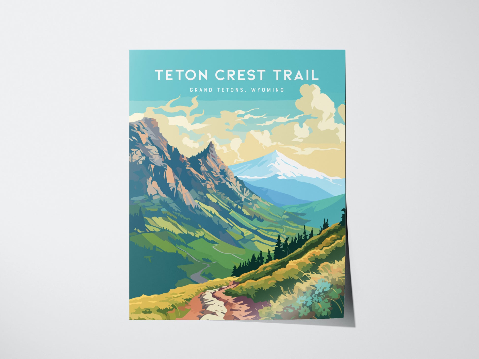 Illustrated poster of the Teton Crest Trail, featuring vibrant wildflower meadows with jagged mountains and a clear sky. The text reads Teton Crest Trail, Grand Tetons.