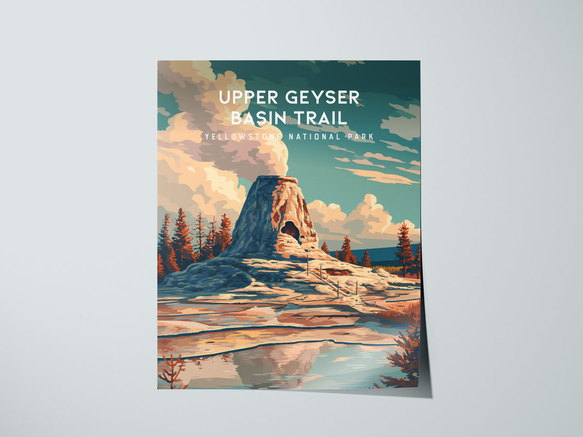 Upper Geyser Basin Trail, Yellowstone National Park Poster | Geothermal Wonders Travel Wall Art — giclée print detail on matt