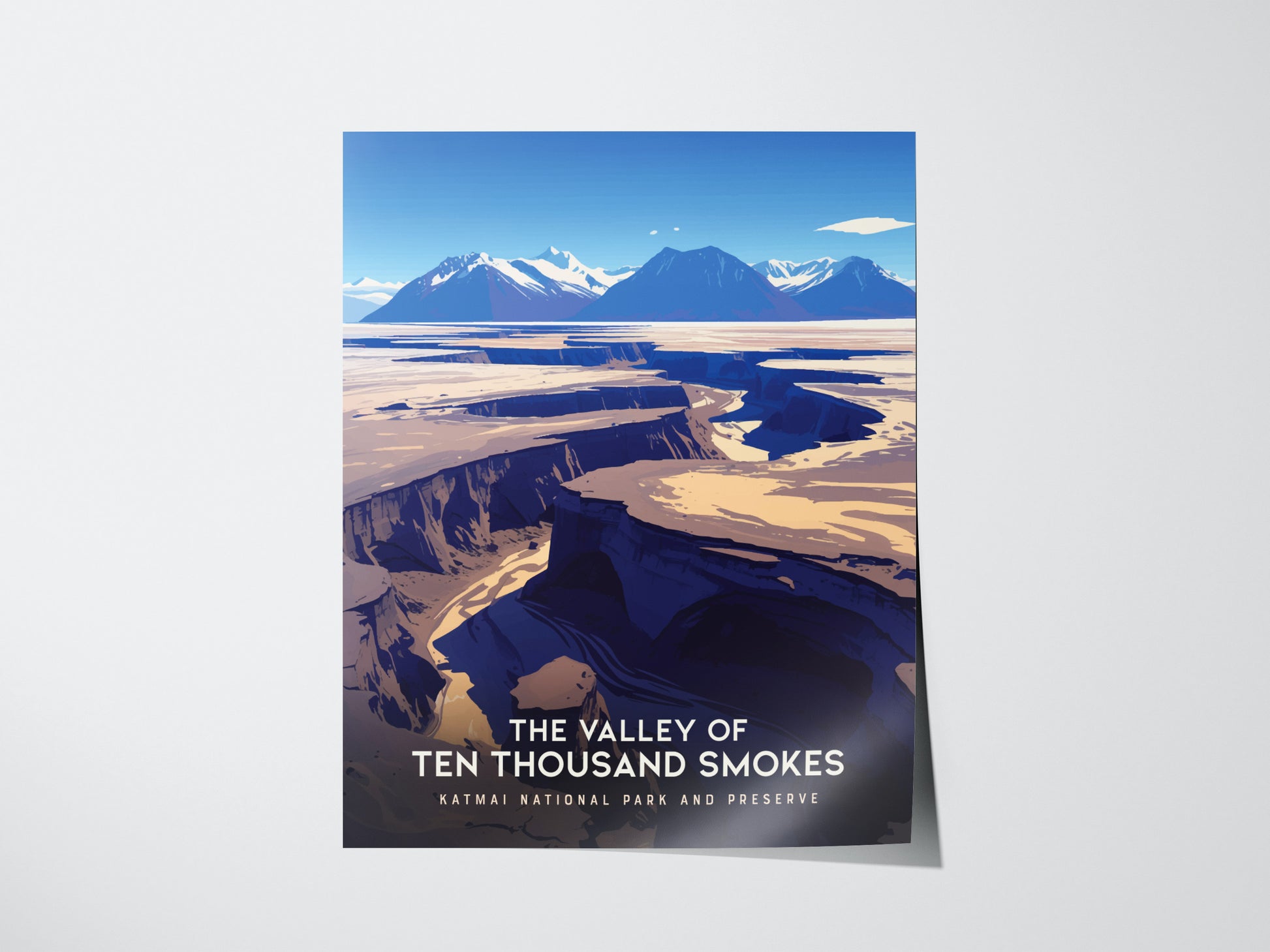 Illustrated poster of the Valley of Ten Thousand Smokes, featuring dramatic ash-covered valleys and distant mountains under a clear blue sky.