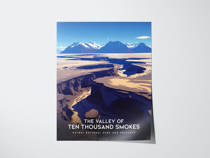 Illustrated poster of the Valley of Ten Thousand Smokes, featuring dramatic ash-covered valleys and distant mountains under a clear blue sky.