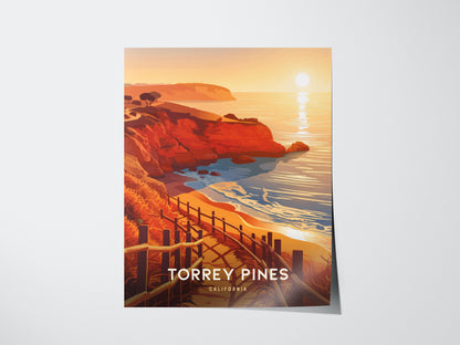 A vibrant poster depicting Torrey Pines with orange sandstone cliffs, a winding coastal trail, and a serene ocean view at sunset. The words Torrey Pines, California are at the bottom.
