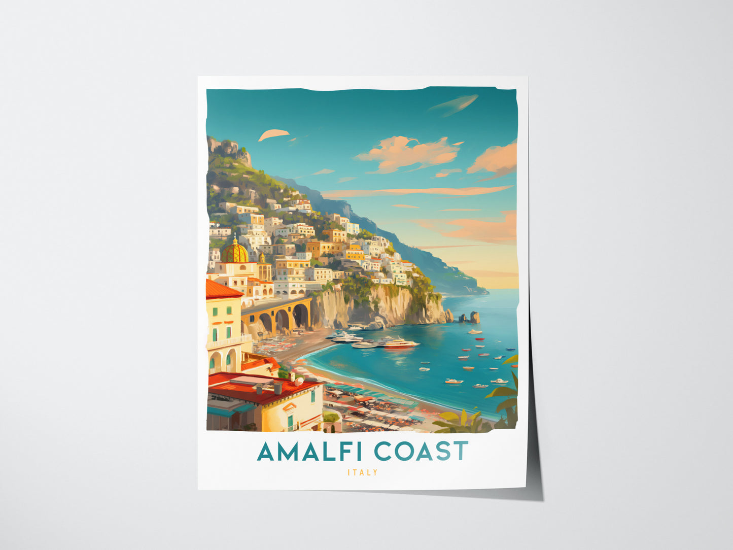 A vibrant travel print of the Amalfi Coast depicts colorful buildings on cliffs above a turquoise sea, with boats and a clear sky. Text reads AMALFI COAST ITALY.