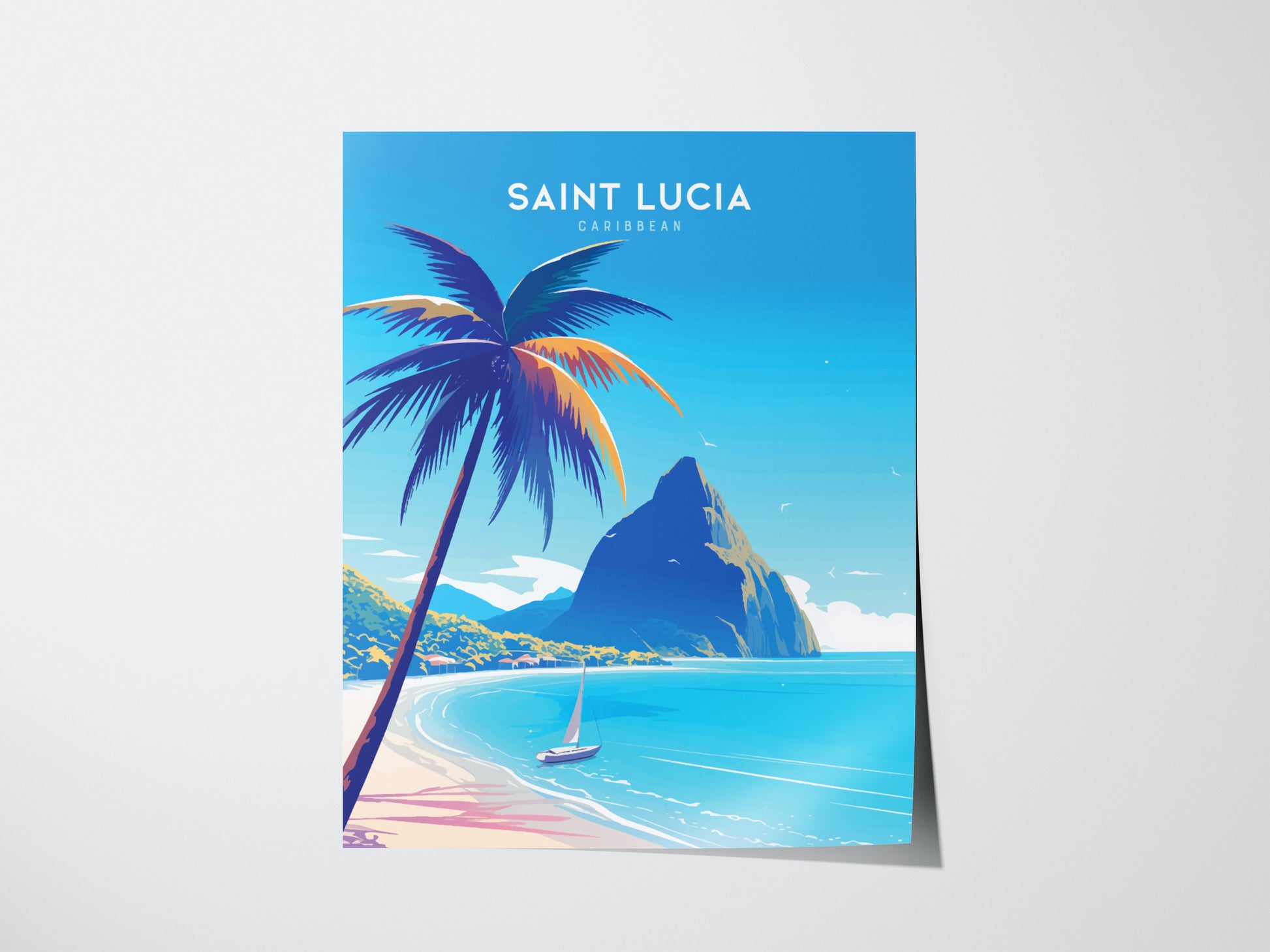 Illustrated poster of Saint Lucia featuring a palm tree, turquoise waters, and the Pitons mountains. A sailboat glides along the pristine beach under a clear blue sky.