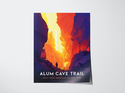 A vibrant poster depicts a hiker on a trail surrounded by towering cliffs in fiery red and orange hues, with the text Alum Cave Trail, Great Smoky Mountains National Park.