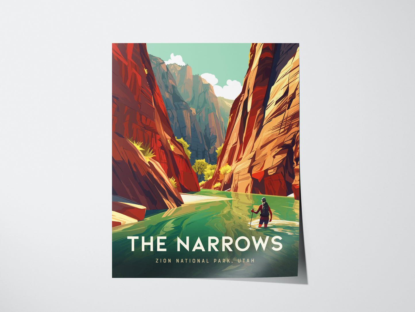A vibrant poster of The Narrows in Zion National Park, featuring a hiker in a river surrounded by towering red canyon walls and lush greenery under a clear sky.