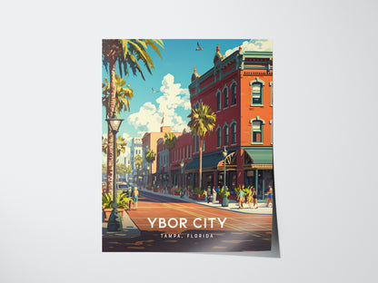 A vibrant poster of Ybor City, Tampa, Florida, showcasing colorful historic buildings, palm trees, and a lively street scene under a bright blue sky.