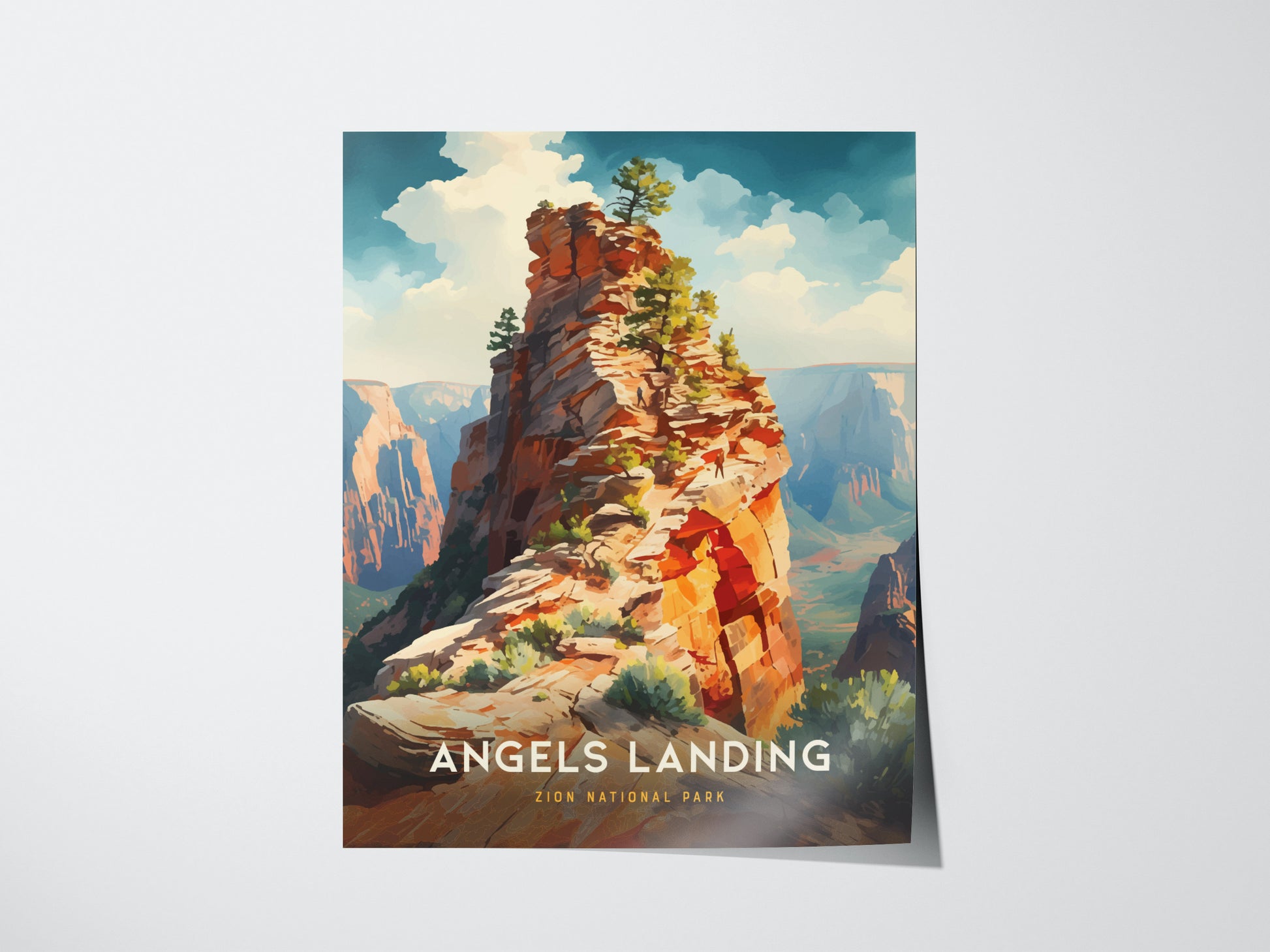 A vibrant poster of Angels Landing depicts a dramatic sandstone ridge with lush greenery and expansive canyon views under a bright blue sky. Text reads Angels Landing, Zion National Park.