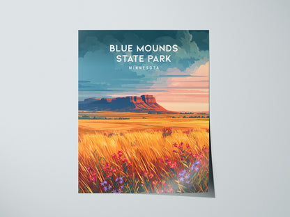 Blue Mounds State Park, Minnesota Poster | Prairie Bluffs & Bison Travel Wall Art — giclée print detail on matte paper