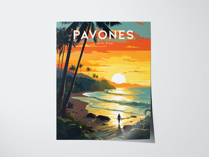 A vibrant illustration of a tropical beach at sunset, featuring palm trees, a person walking along the shore, and the sun setting over the ocean. Text reads Pavones Costa Rica.