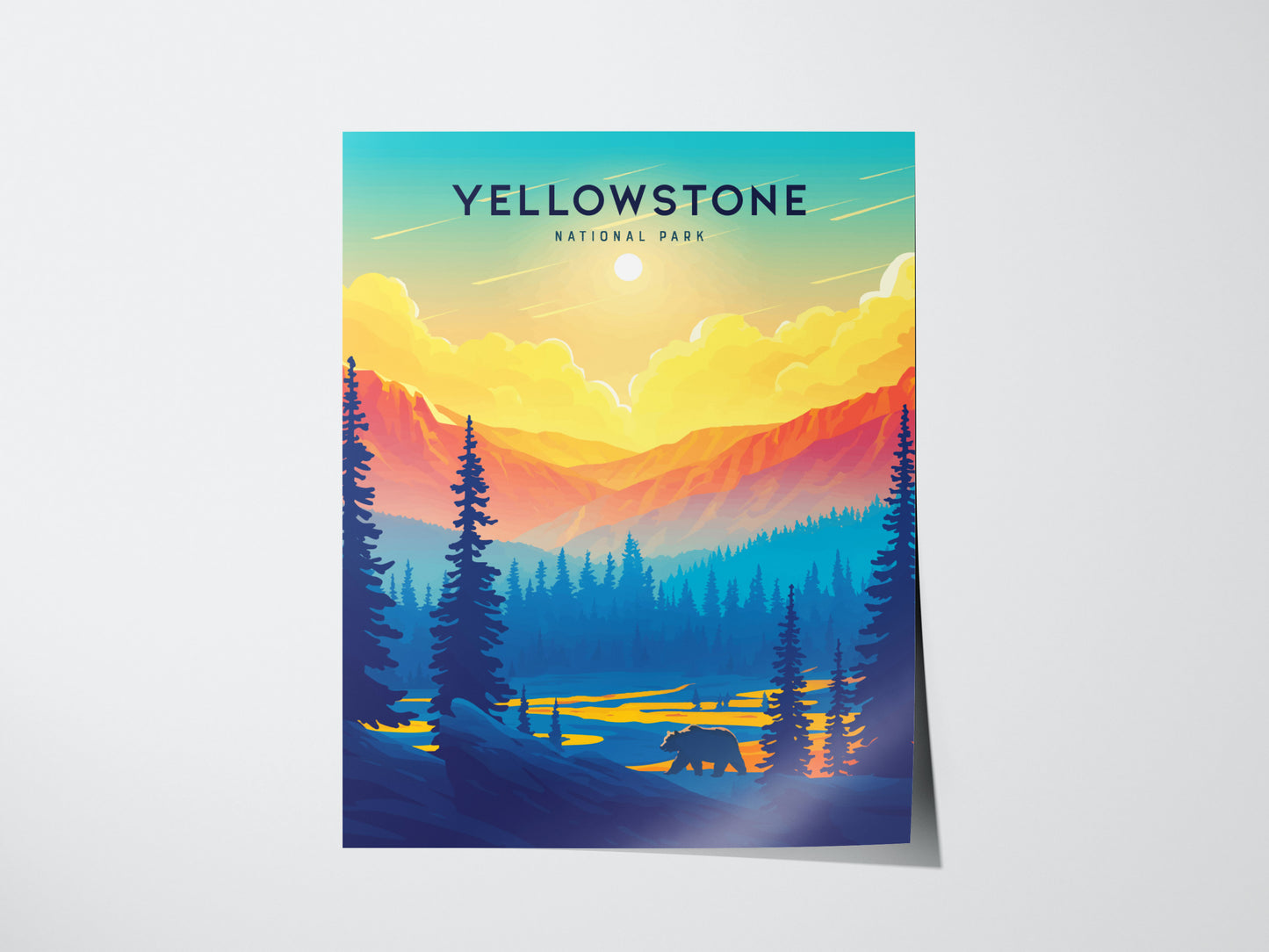 Colorful poster of Yellowstone National Park featuring a bear silhouette, vibrant sunset, and silhouetted trees against a mountainous landscape. Text reads Yellowstone National Park at the top.